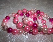 HANDMADE Tri-color Pink Glass PEARL Rhinestone Beaded and Bubblegum Pink Pearl and Silver Beaded Stretch BRACELET Set
