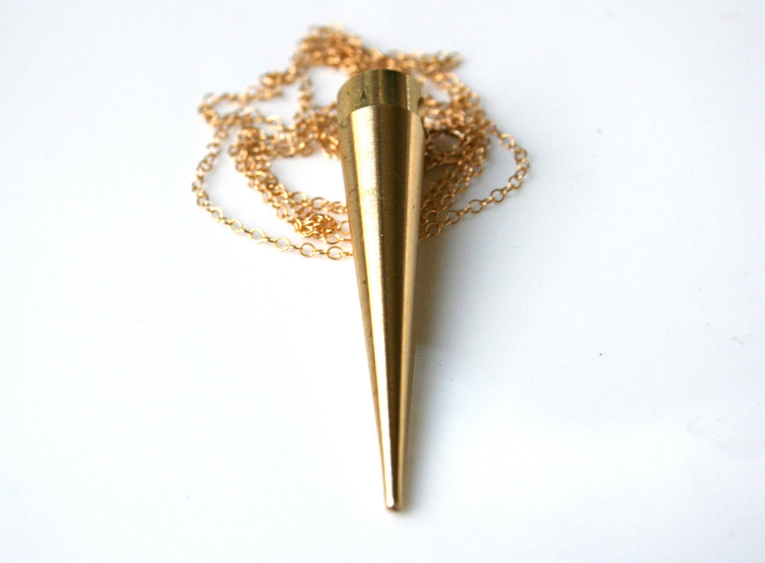Gold Spike Necklace. Two inch Brass Spike on Long Gold Filled Chain