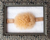 Brown Gold Organza Puff Flower Headband, Newborn, Infant, Baby, Toddler, Girls and Adult