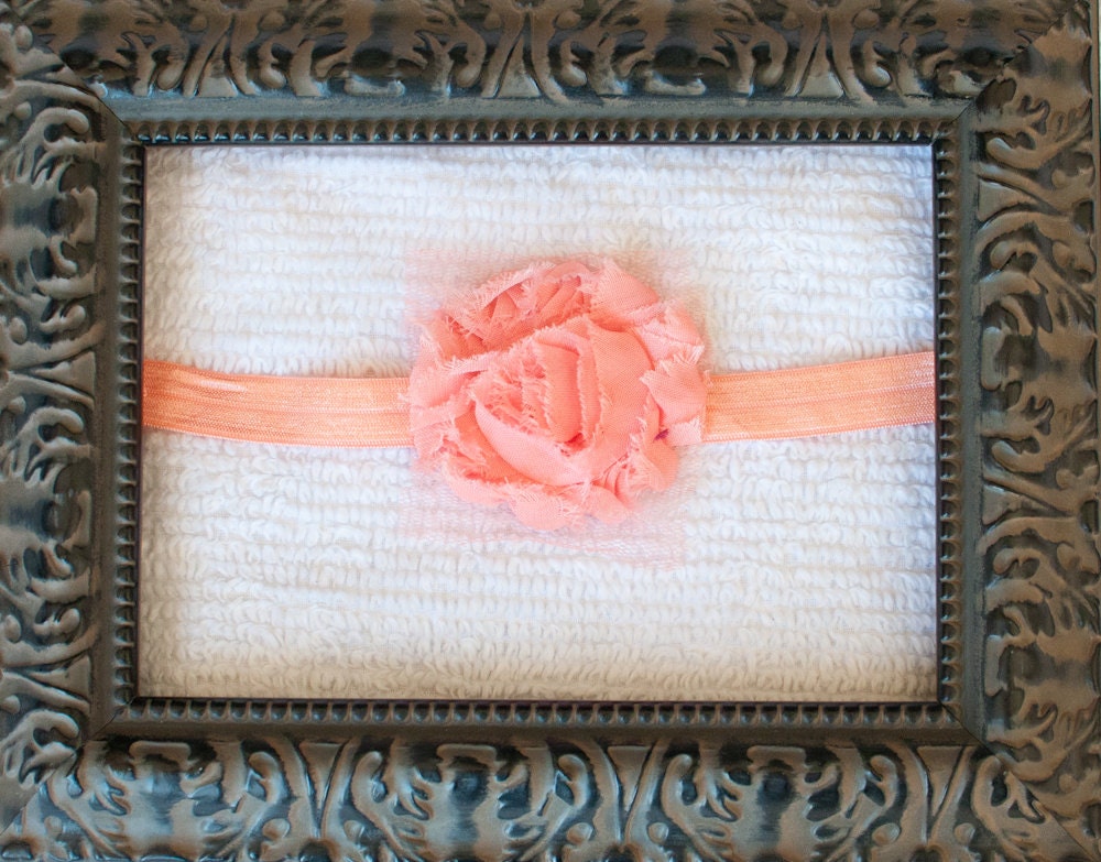 Coral Shabby Chiffon Flower Headband on Sparkle White Elastic, Newborn, Infant, Girls, and Women's Headband