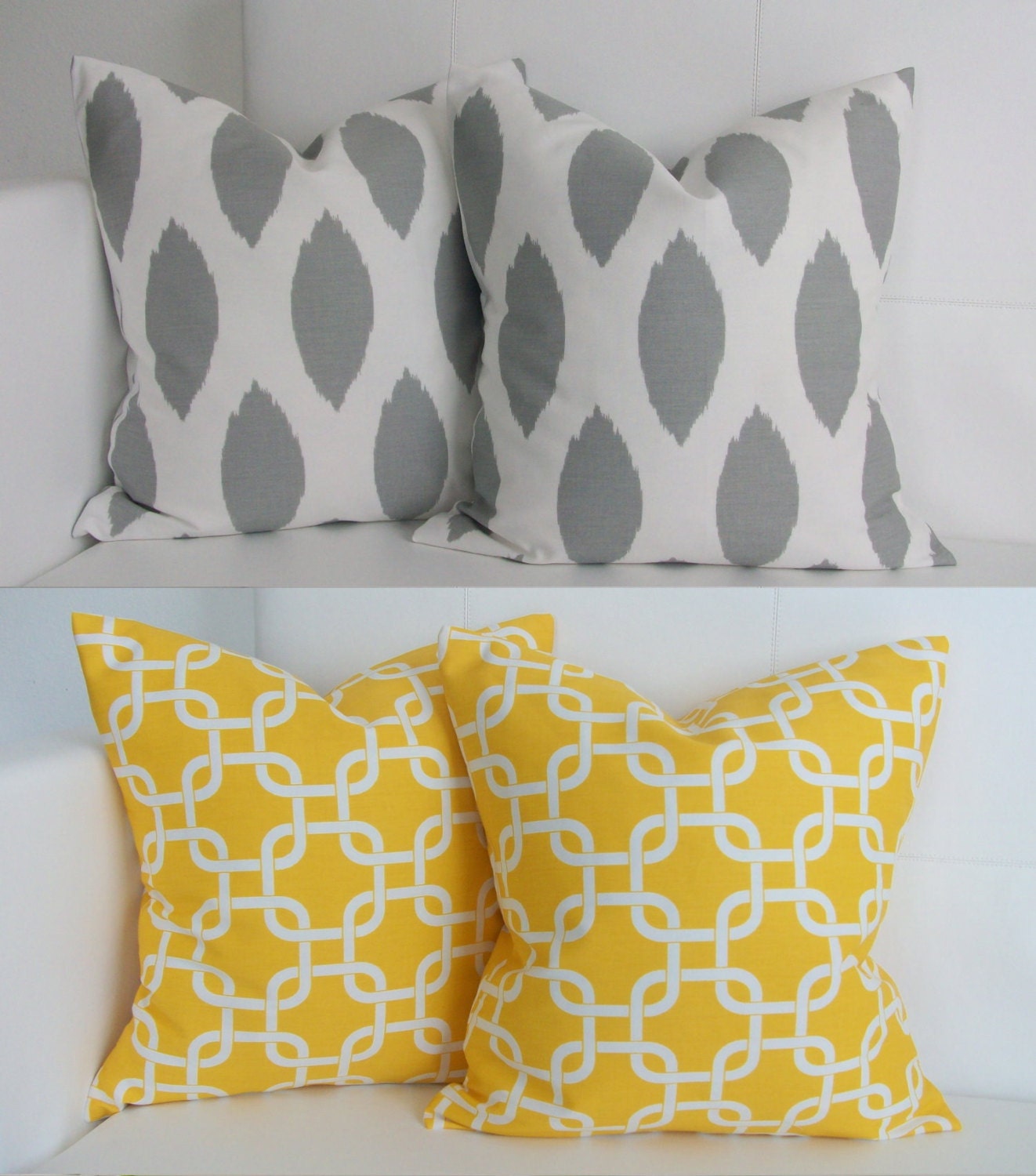 Ikat Pillows - Four - Pillow Covers - Set of Four - Yellow Gotcha and Gray Ikat