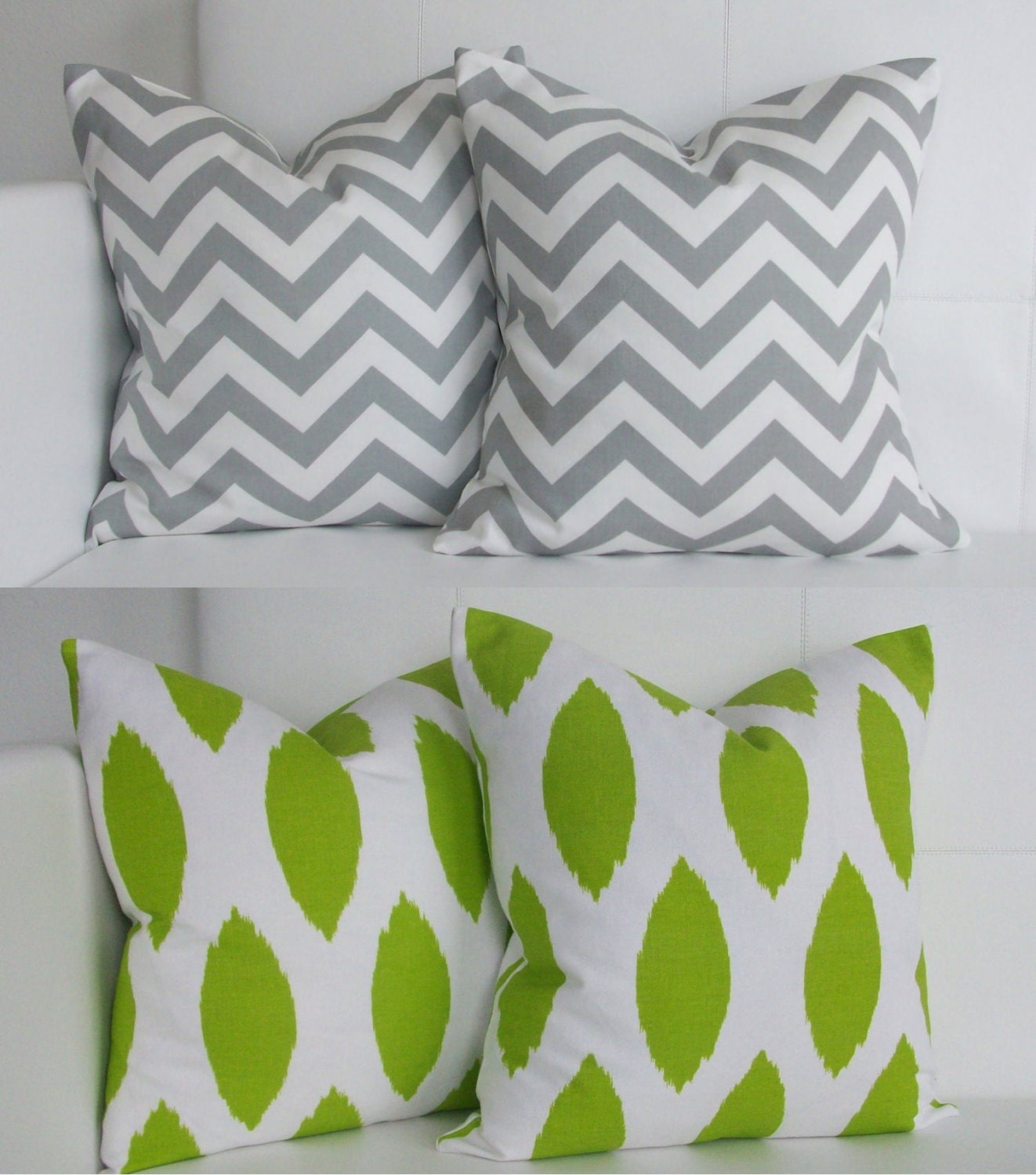Four Gray  Zig Zag and Green Ikat Accent Throw Pillows Set of Four Pillow Cover 16 x 16