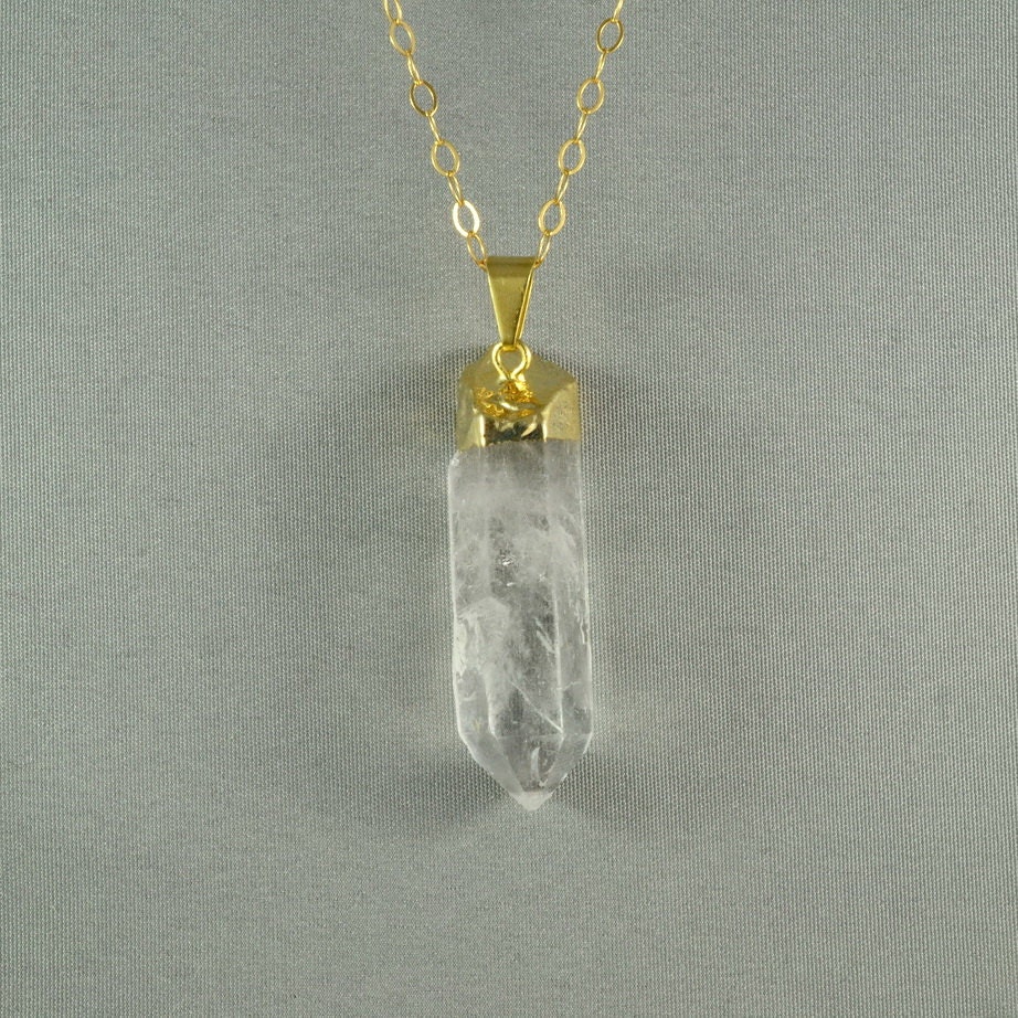 Natural Crystal Quartz Necklace, Gold Tone Cap and Bail, Modern, Simple, Feminine, Eye Catching, Everyday Wear Jewelry
