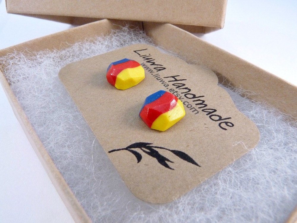 Red, Blue, Yellow, Primary Colors Faceted Clay Post Earrings, Stainless Surgical Steel Posts