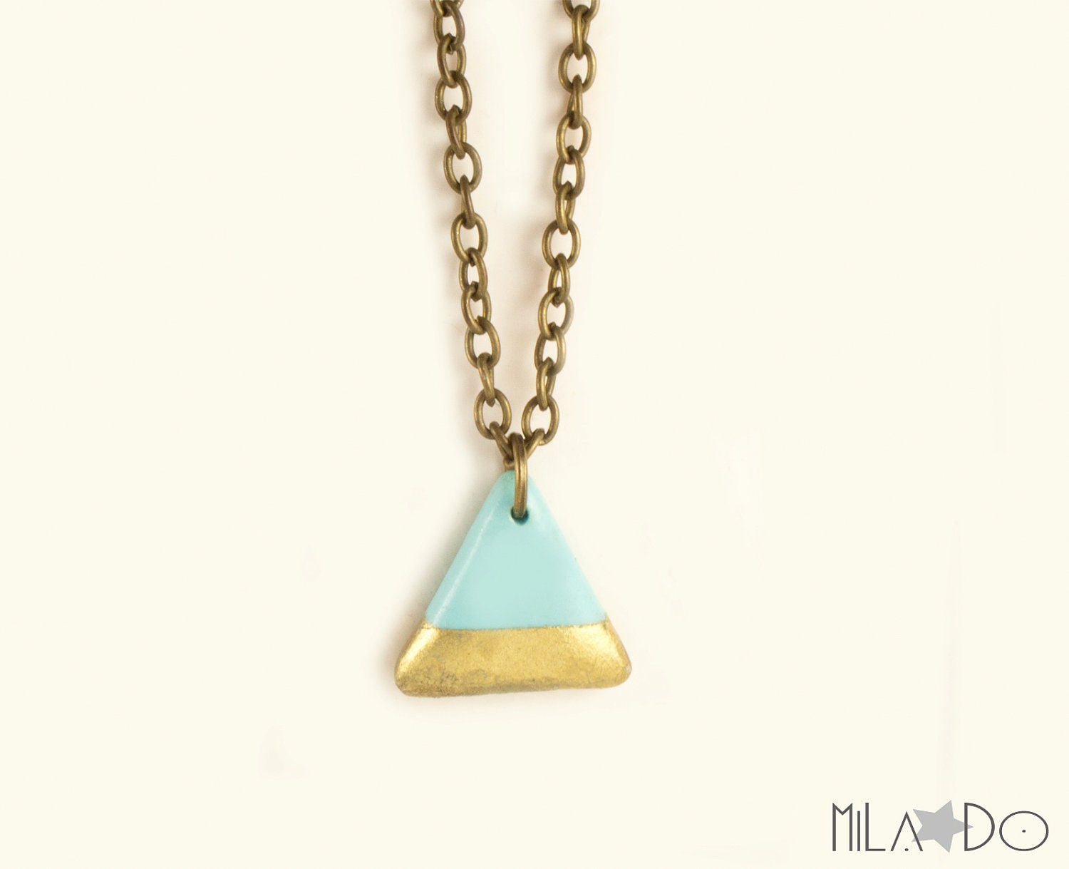 Jude necklace aqua and golden triangle handmade pendant - Geometric jewelry - Handpainted