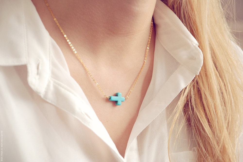 Sideways Cross Necklace - Dainty Turquoise and Gold chain