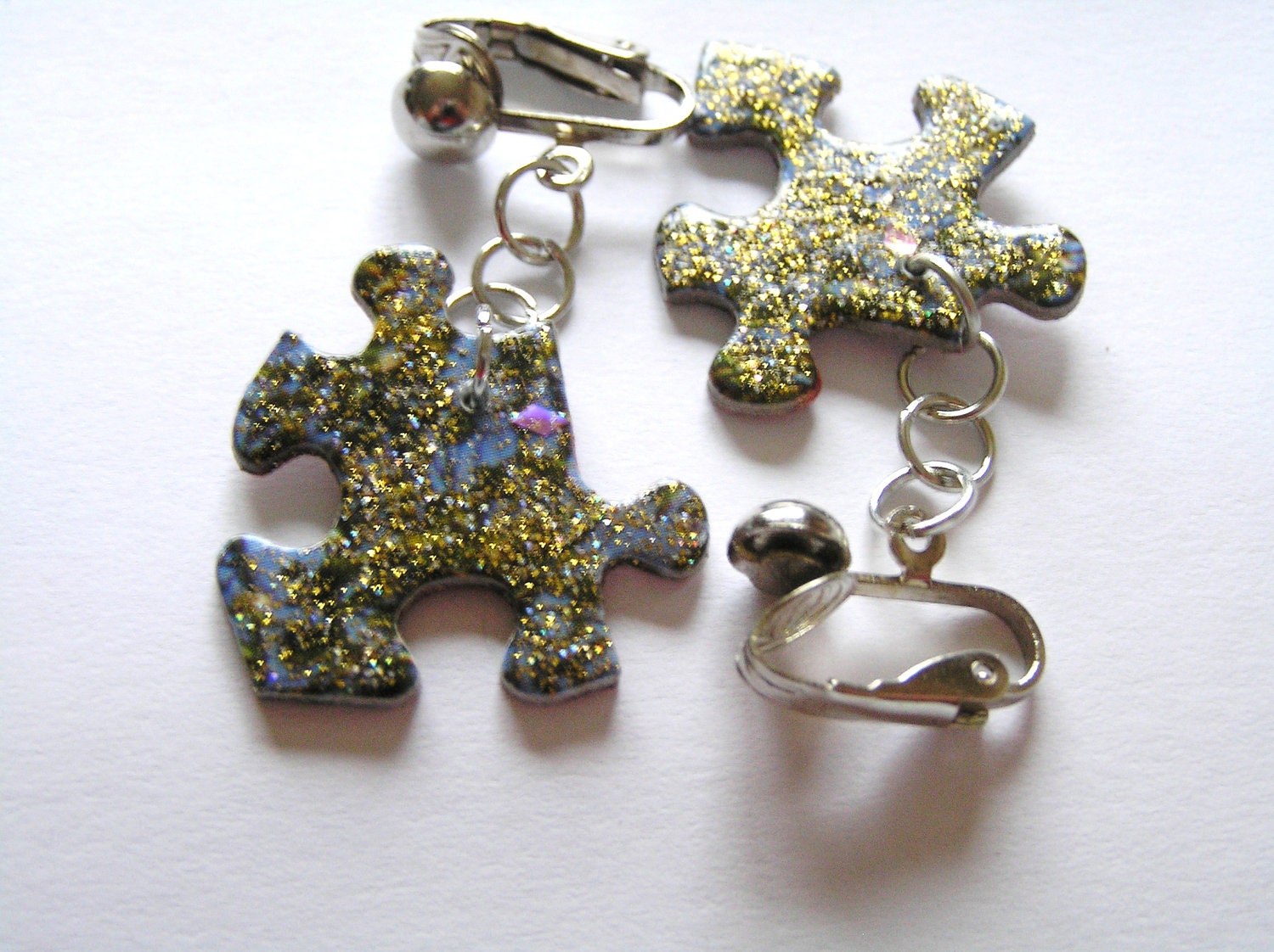 Clip On Earrings- Recycled Puzzle Pieces w Golden Glittery Finish
