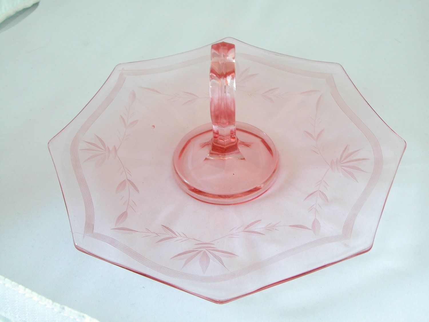 Vintage 40's Pink Depression Glass Server/Tray with Heart Shaped Handle...