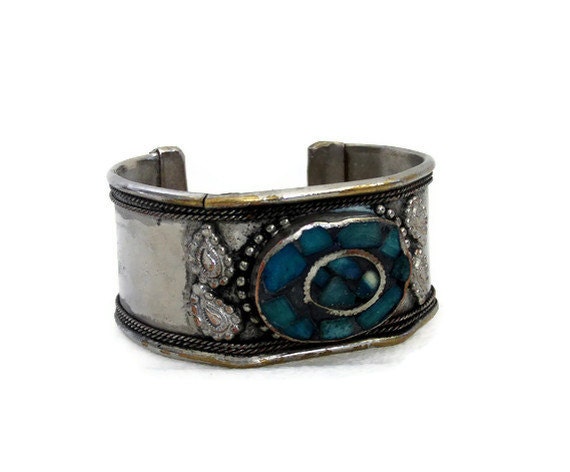 Vintage metal cuff bangle, rustic BRACELET. Bondi blue / teal green beads. TRIBAL jewelry, Jewellery, gift for her, unique