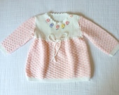 Vintage girls sweater, 2T. Pink and white with crocheted and embroidered flowers - LazerBabyVintage