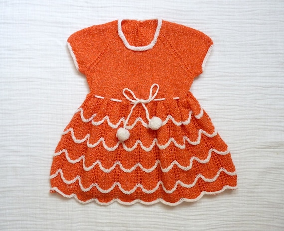 RESERVED Vintage dress, toddler 2T. Orange-red and white. Hand knit