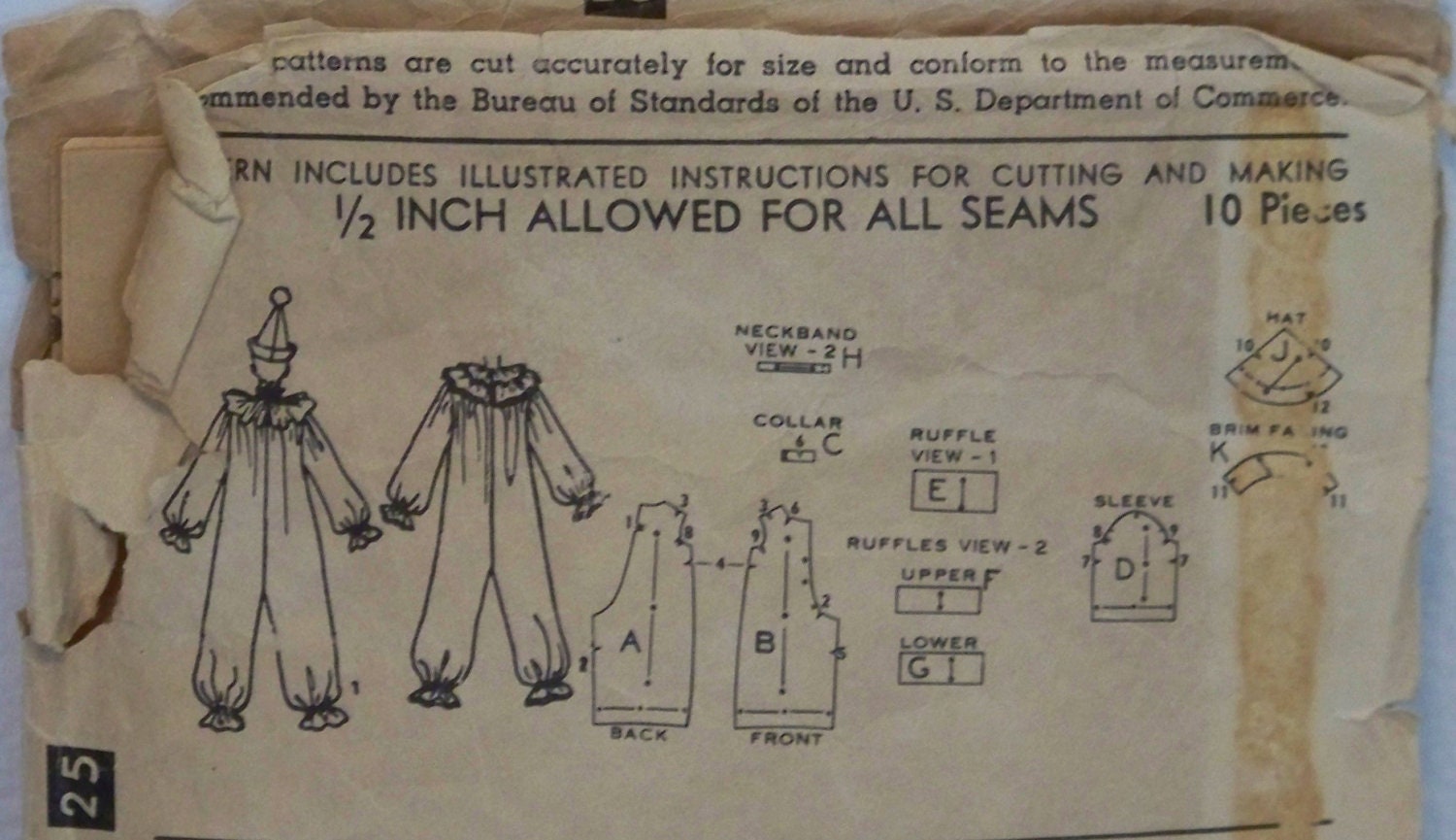 Vintage 1950's Advance 707 Pattern for Clown Costume in Childs' Size Medium
