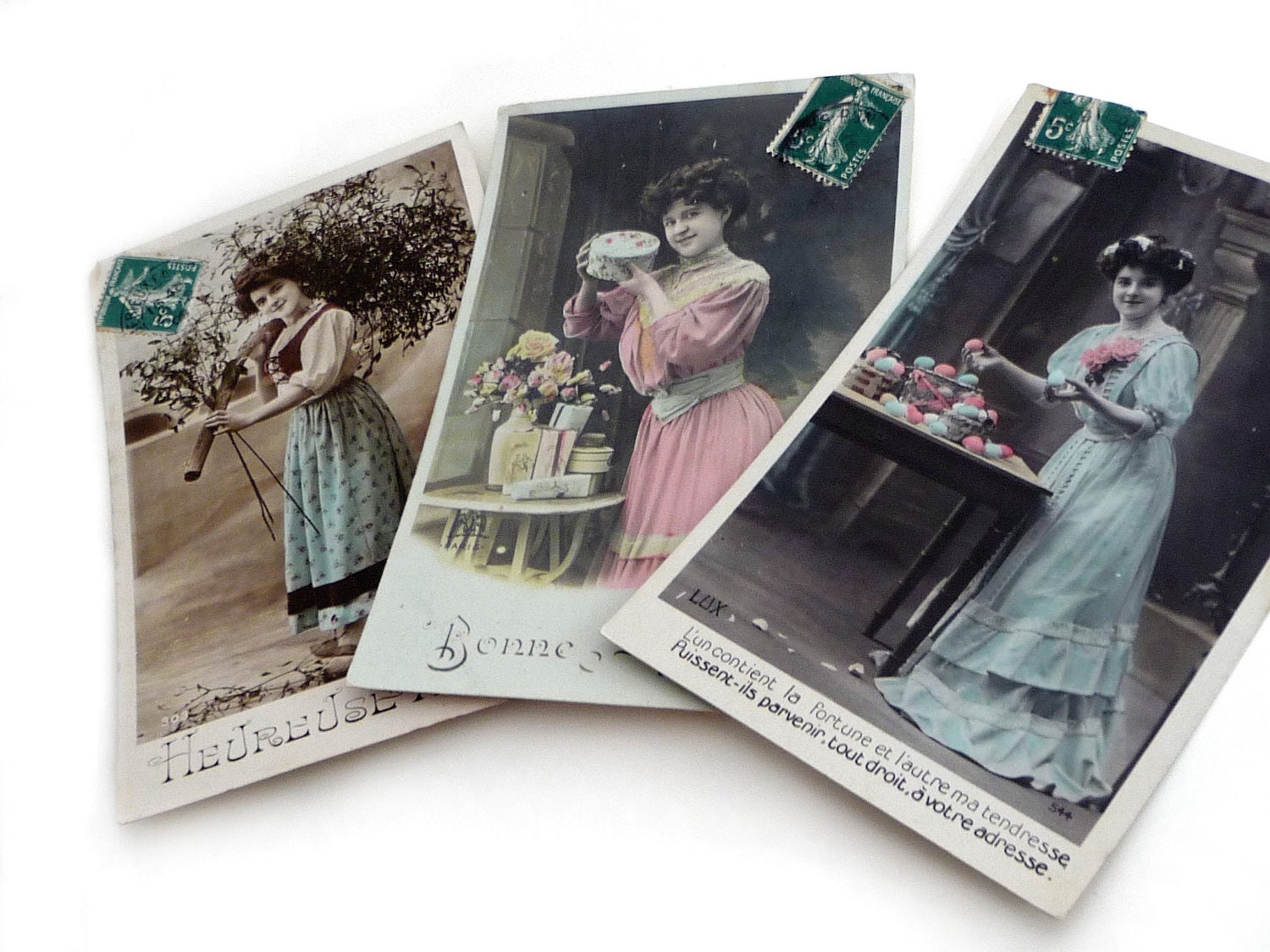 Vintage French Postcards Hand Tinted - Set of 3 Early 1900s - Antique RPPC Tinted Photo