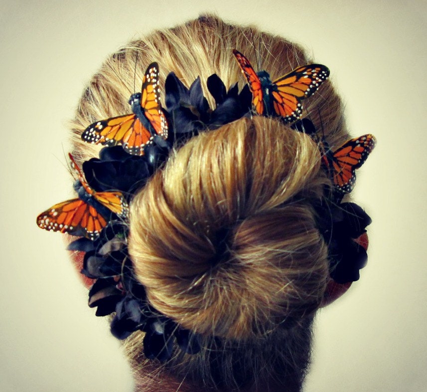 The Night Queen Bun Belt - Monarch butterfly flower crown for your hair bun