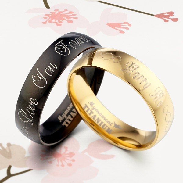 Handmade Anywords Black Matching 18K Gold Wedding Engagement Titanium Rings Set