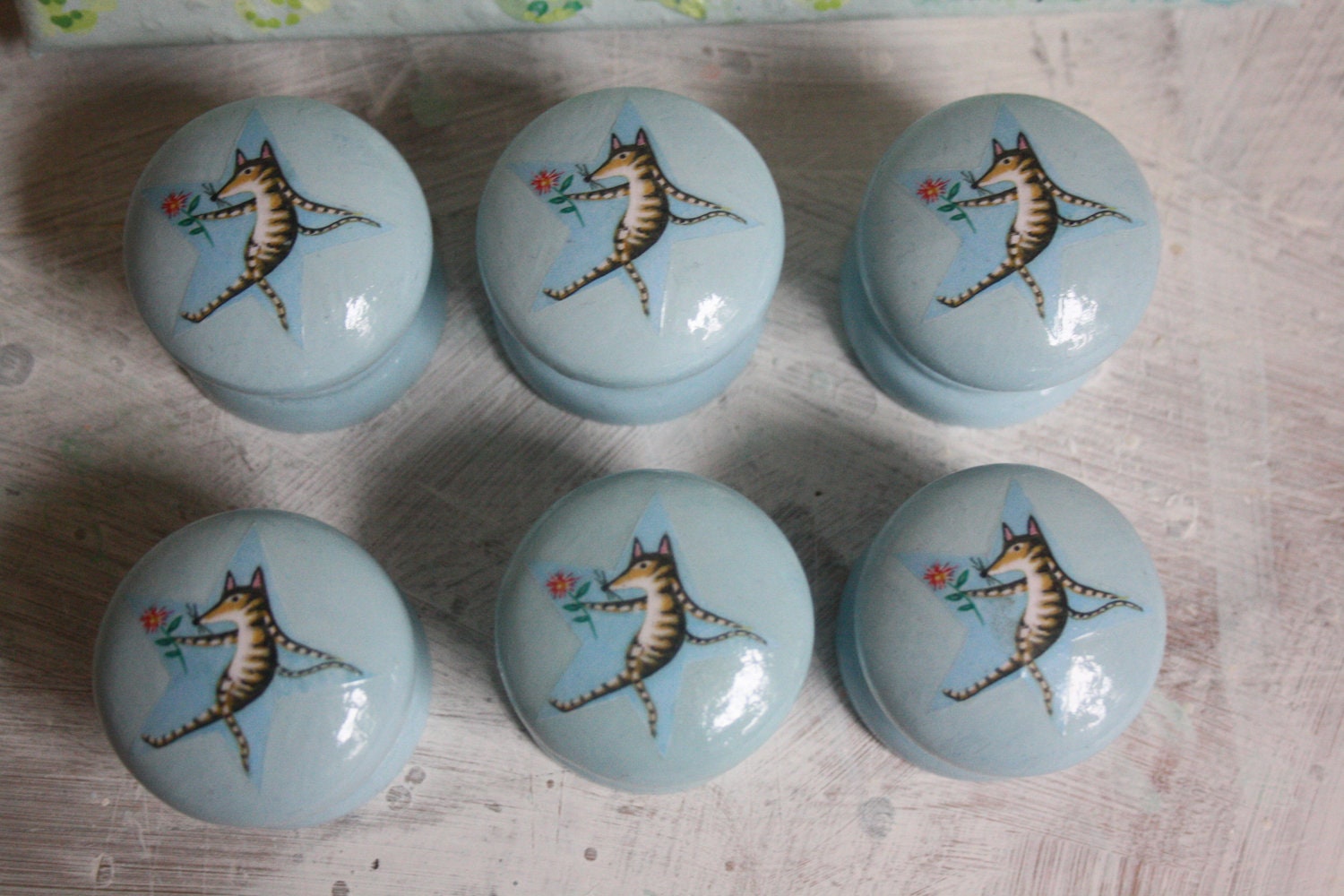Dresser knobs, chest and drawer pulls.Blue handpainted-de-coupage knobs and cabinet furniture. For children and nurseries