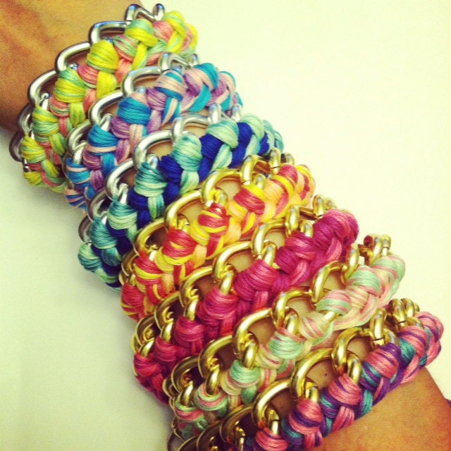 Custom Chunky Chain Bracelet gold or silver braided with any color embroidery floss, woven chain bracelet, braided chain bracelet