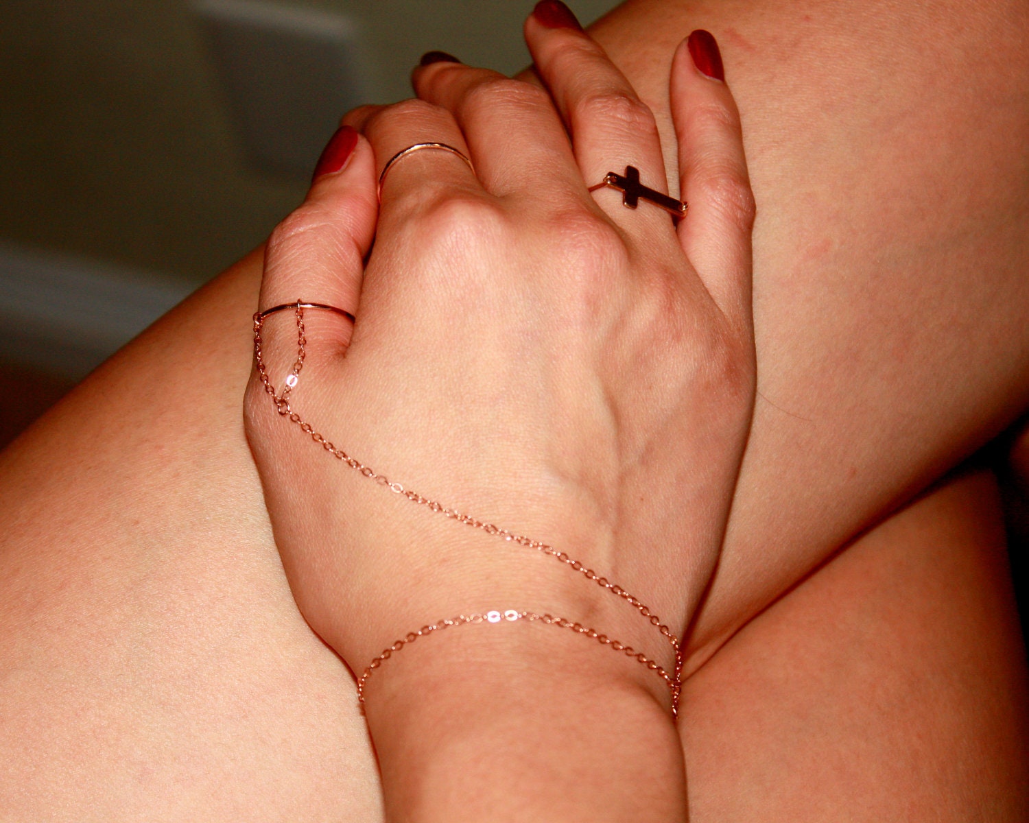 14 Karat Rose Gold Filled Hand Chain Bracelet and Ring