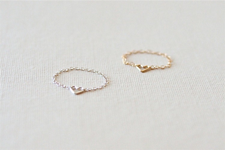 tiny heart chain ring - gold or silver - simple delicate handmade jewelry by fancy lemon