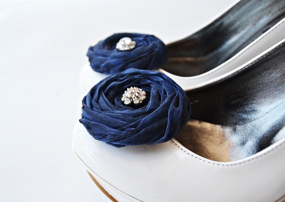 Navy Chiffon Roses Shoe Clips