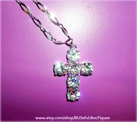 Crystal Cubic Zirconia Cross Sterling Silver 925 Oval Link Necklace