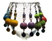 Earrings from felt balls and jingle bells metal beads, red green purple blue yellow