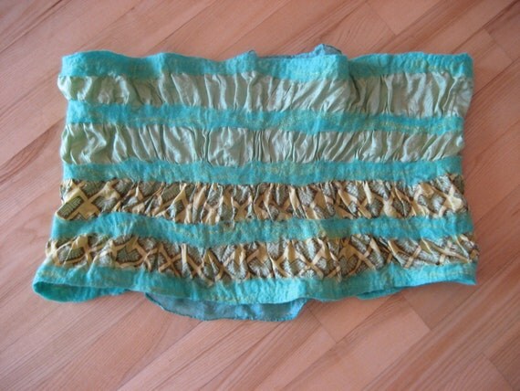 Green Mint Nuno Felt Infinity Loop Scarf Shawl Wrap: Wool, Silk. Splendid, Light and Bright. Gift under 25.