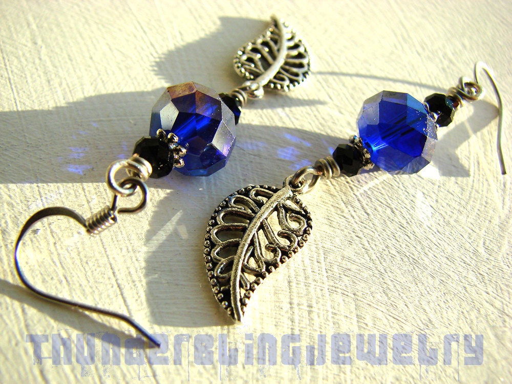Blue Crystal Leaf Earrings - Boho Cobalt Bling Dangles Wire-Wrapped with Silver Filigree Leaves - Handmade Jewelry