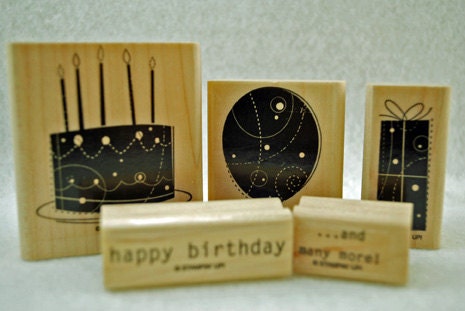 STAMPIN UP Stamp Set, Stampin Up -  "Birthday Whimsy" - Five Rubber Stamps, Birthday Cake, Balloon, Gift- Scrapbooking Cardmaking