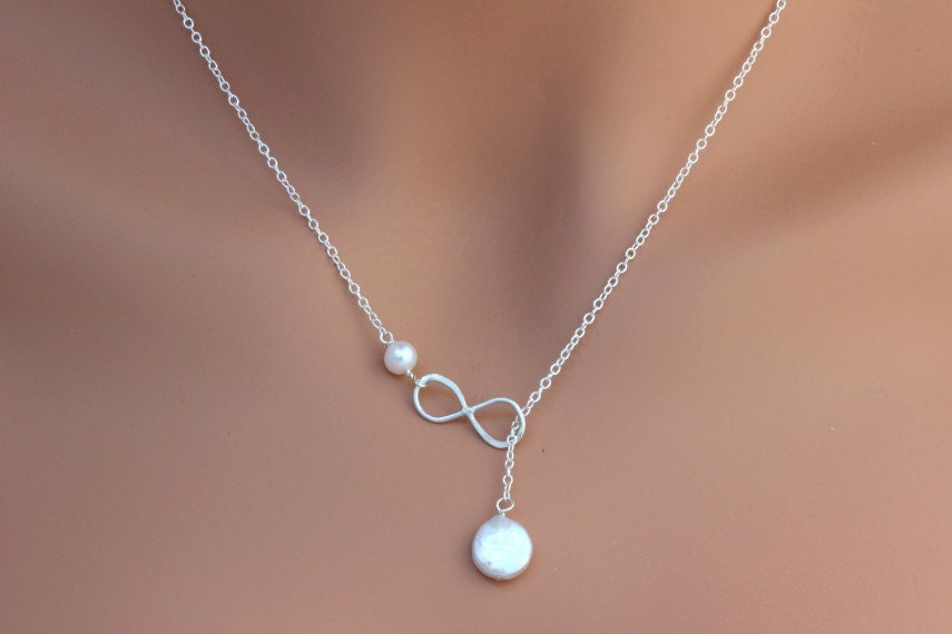 Set of 3 Sterling Silver Infinity Neckalce with Freshwater Pearl or Birthstone.Best Friend, Maid of Honor, Bridesmaid Infinity
