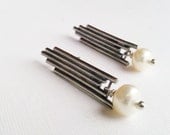Modern Pearl Earrings, Oxidized Sterling Silver, Off White Cultured Freshwater Pearl Earrings