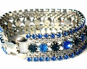 WEISS Electric Blue Mesh Set Necklace Bracelet 1950s Topaz Sapphire Rhinestone Vintage High Fashion Rare Collectable Jewelry