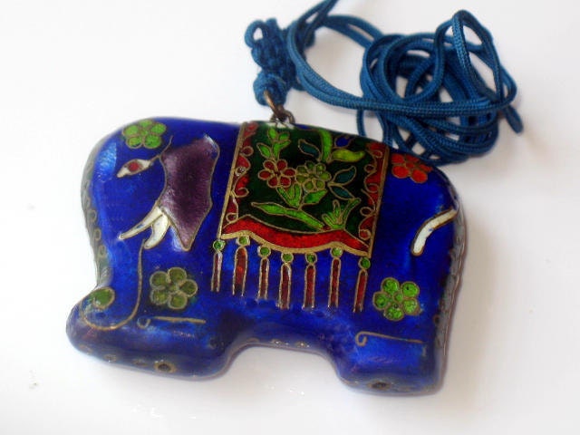 Vintage Enamel Elephant Necklace Cloisonne Pendant Asian East Indian Style Blue 1970s Jewelry