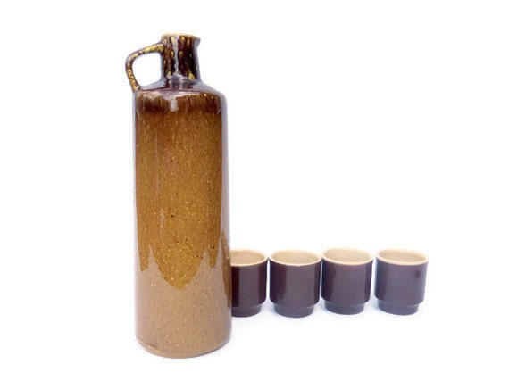 Earthenware Pitcher and Cups Vintage Ceramic Jug Brown Rustic Housewares