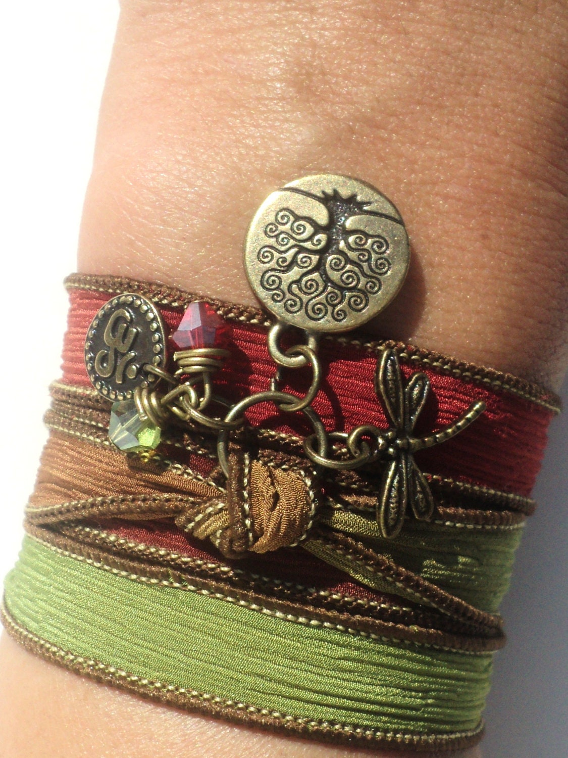 Tree of Life Dragonfly Silk Wrap Bracelet Yoga Jewelry Om Namaste Bohemian Jewelry Autumn Fall Earthy Unique Gift Under 50 Item Z34