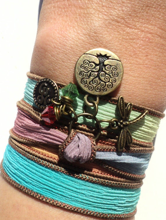 Tree of Life Dragonfly Silk Wrap Bracelet Yoga Jewelry Om Namaste Bohemian Fall Earthy Unique Gift For Her Under 50 Item Z13