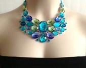 ON SALE bib necklace - cobalt blue, peridot green, turquoise rhinestone unique bib necklace, prom, bridesmaids, holidays necklace NEW Seaso
