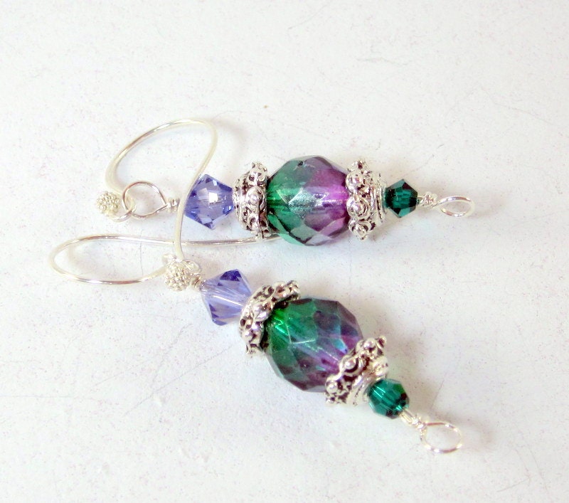 Teal and Amethyst Dangle Earrings, Crystal Earrings, Beaded Earrings, Beadwork Earrings, Gifts for Her, Beaded Jewelry, Women's Jewelry