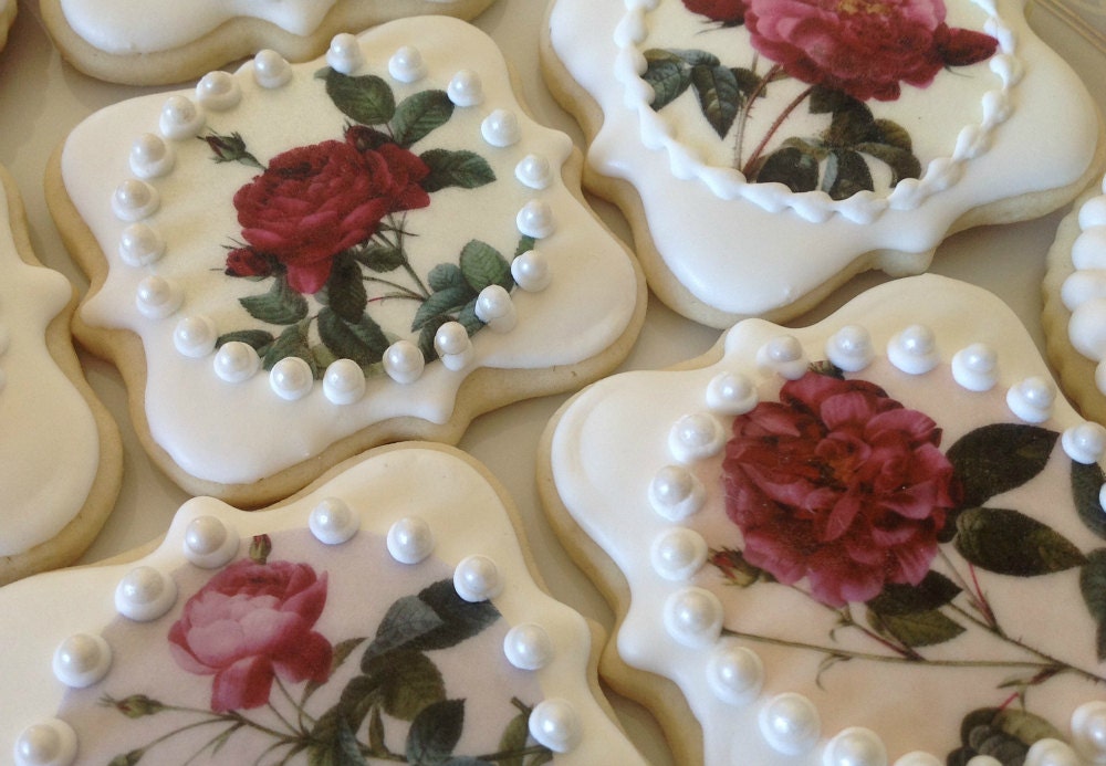 Vintage Rose Fancy Square and Scalloped Round Sugar Cookies- Set of 12