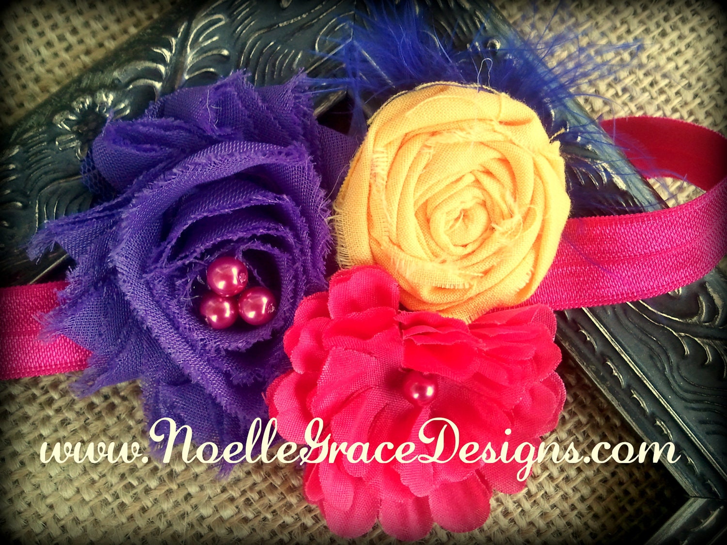 Purple, Hot Pink & Yellow Flowers on a Stretchy Satin Headband w/ Feathers and Pearls - M2M Gymboree Sunflower Smiles - M2MG MTM mtmg