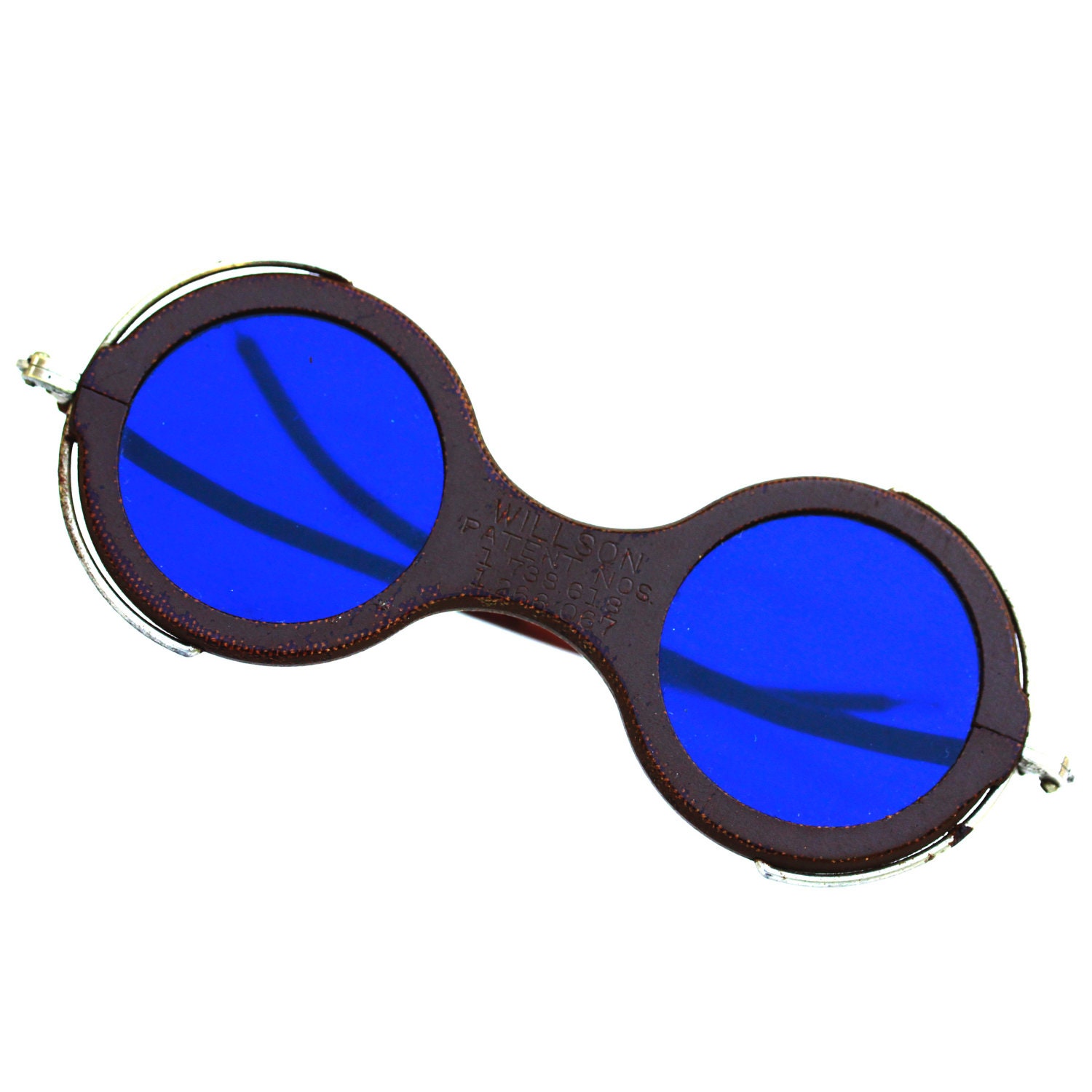 Vintage metal industrial safety glasses, brown frame with round electric blue glass lenses by Willson - sale 30% off