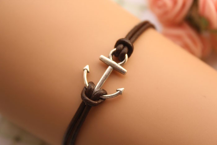 anchor bracelet,retro cute little anchor pendant bracelet,brown true leather bracelet---B049