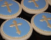 Blue and Gold Cross  Cookies - One Dozen Decorated Sugar Cookies