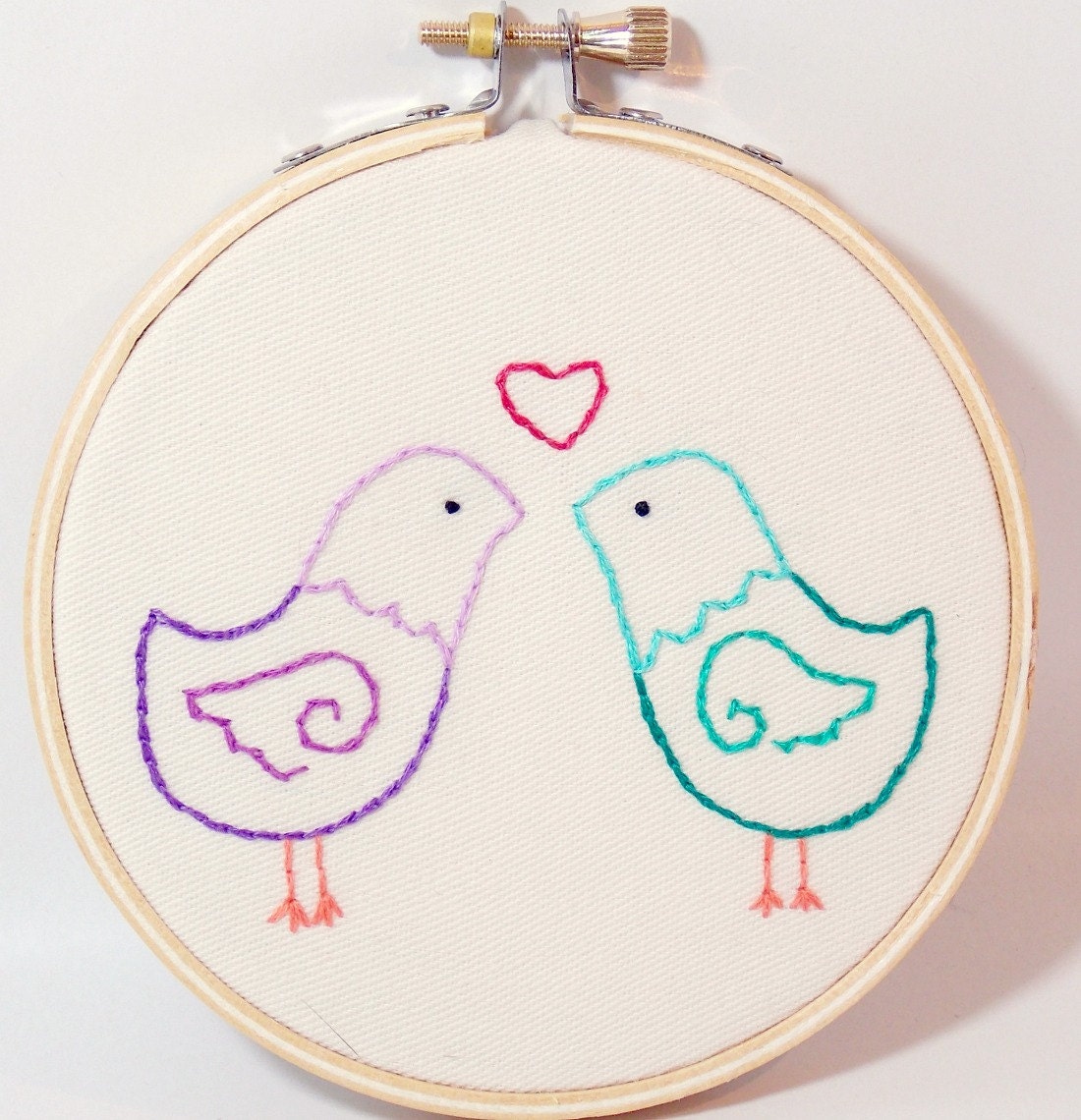 Love Birds Embroidery Hoop Small 4 Inch Teal and Purple
