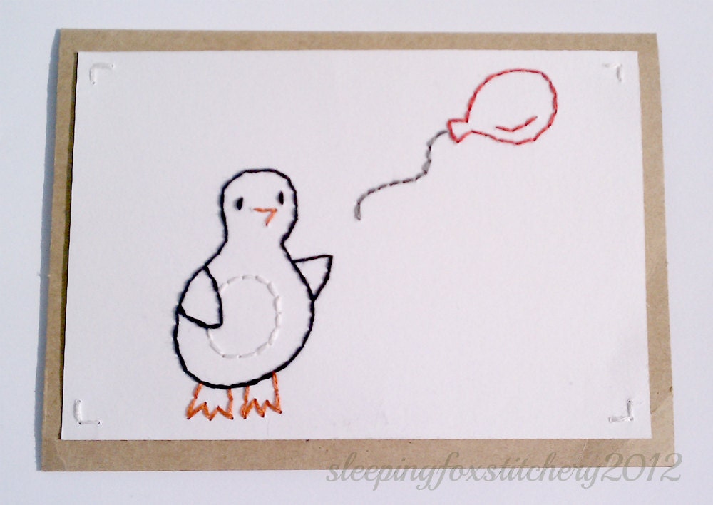 Penguin Birthday Card Hand Embroidered Red Balloon Whimsical Cute Sweet Any Occasion