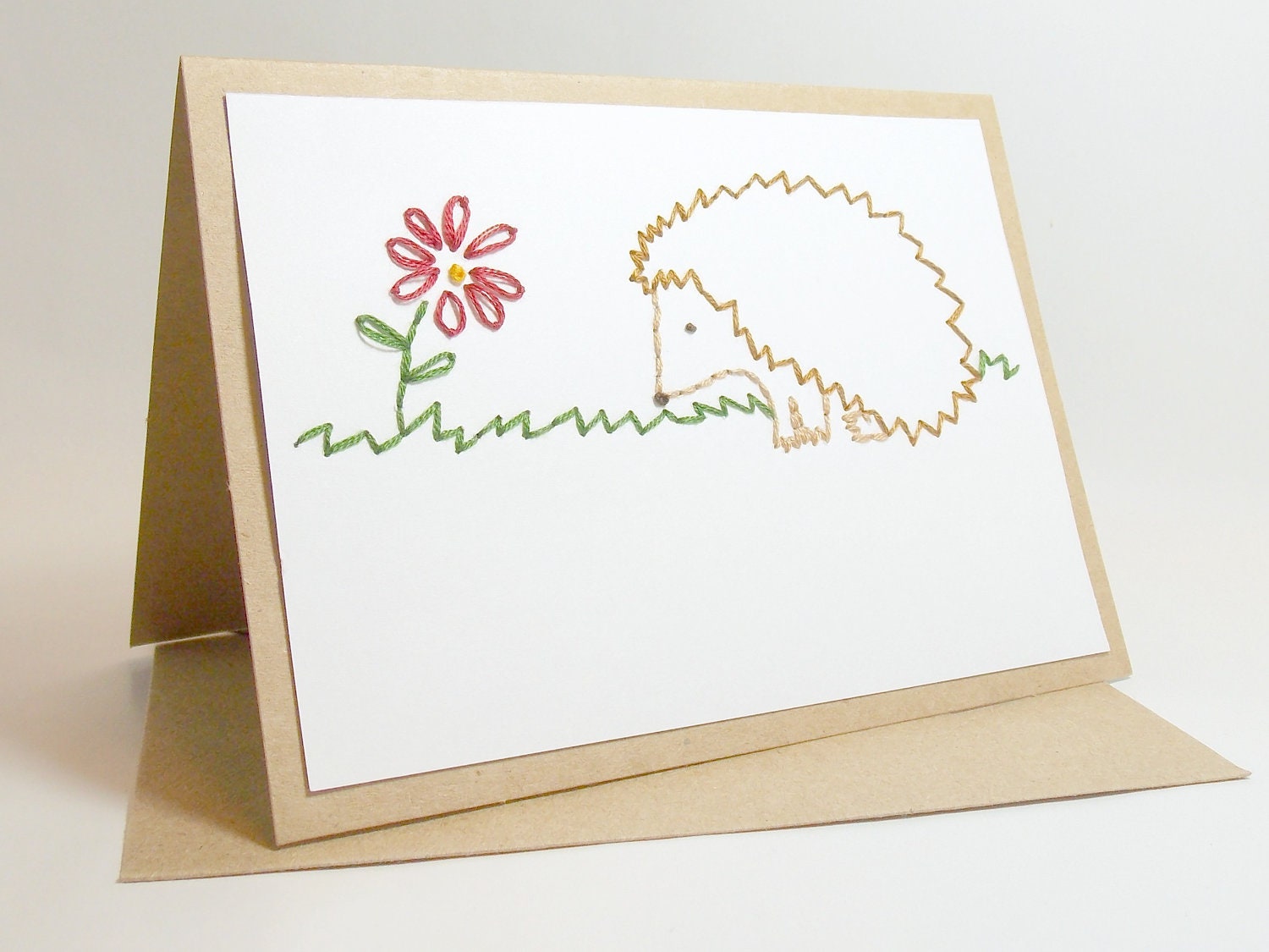 Hedgehog Greeting Card Choose your Message Birthday Customizable Hand Embroidered Red Flower