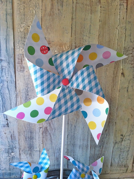Pinwheels - Lady Bug Picnic - Set of 5 Tall Pinwheels and 12 Mini Pinwheels