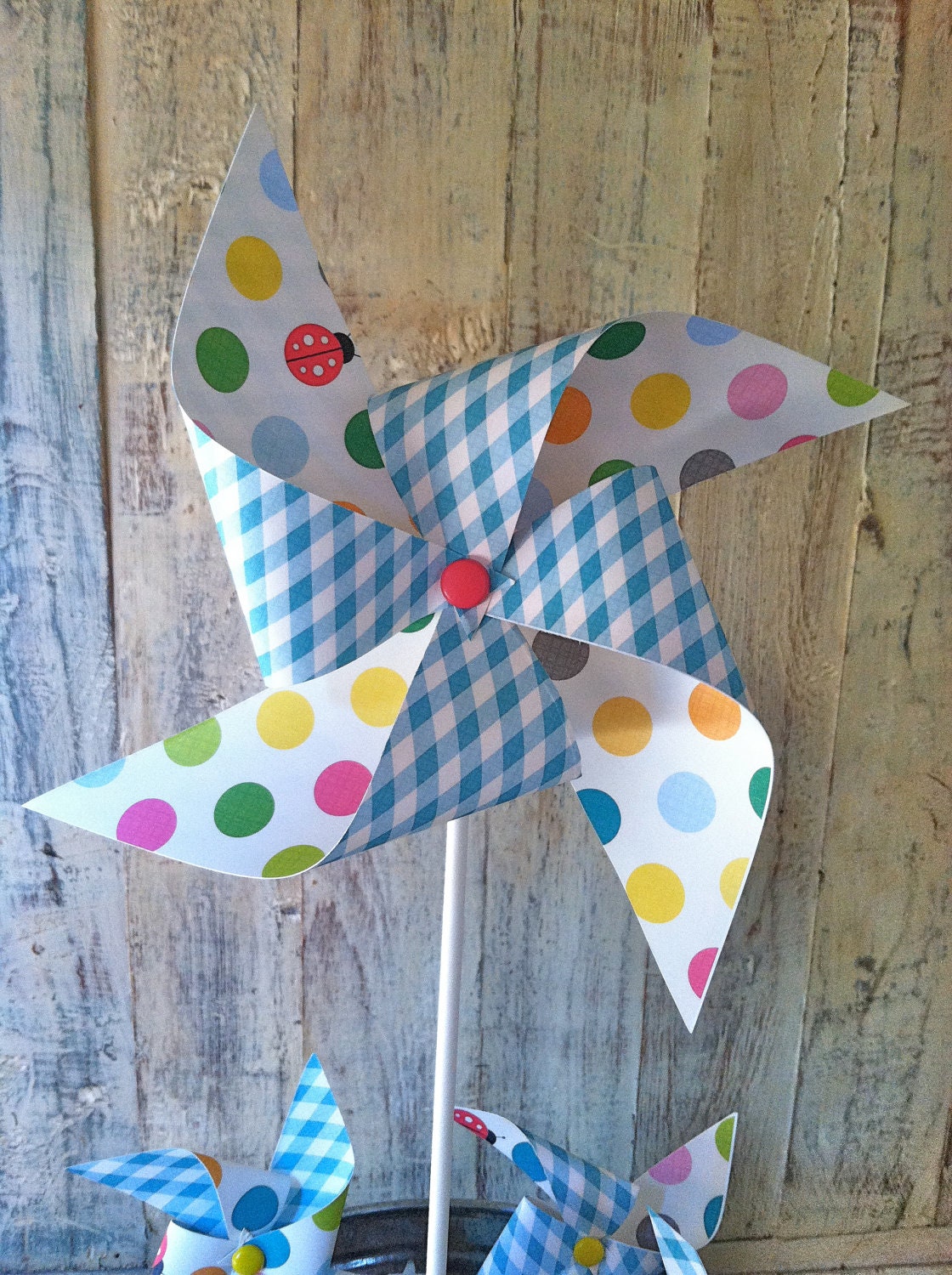 Pinwheels - Lady Bug Picnic - Set of 5 Tall Pinwheels and 12 Mini Pinwheels