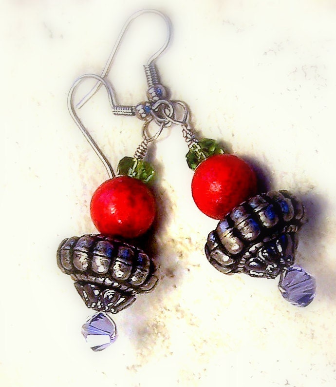 Earrings womens jewelry pierced small dangle Bohemian boho gypsy colorful red oxidized silver purple green piurple old world TAGT tenX