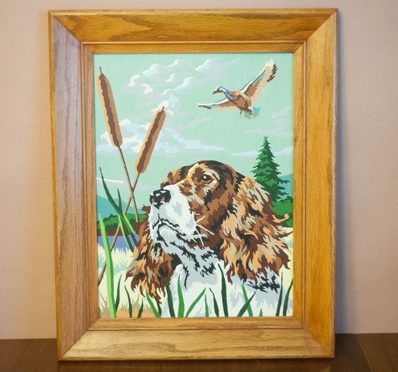 Vintage framed paint by number painting hunting dog bird mid century